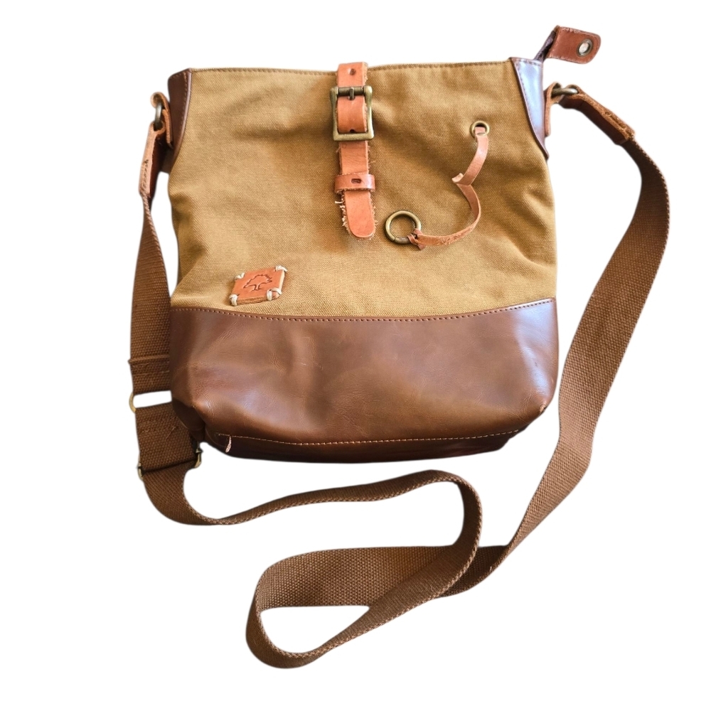 TSD Brand Redwood Canvas & Leather Crossbody Bag Khaki Brown Tan Unisex